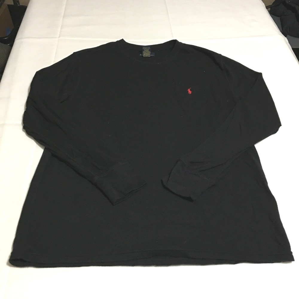 Polo Ralph Lauren Waffle Knit Thermal Shirt XL Black Long Sleeve Red Pony